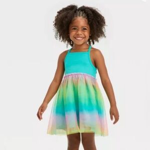 NWT Toddler Girls' Cat & Jack Turquoise Rainbow Tulle Dress, Size 18M